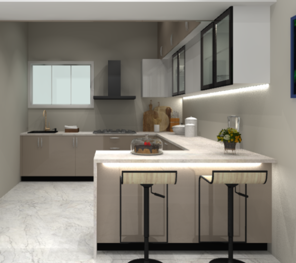 G Shape Kitchen With Serving Area With Seating 600x533
