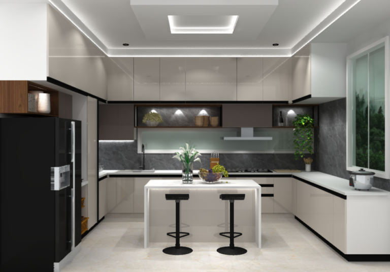 U Shape Kitchen With Island In The Middle Of The Kitchen With Extended Table 768x535